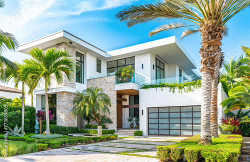 White modern home with stone accents, large front yard and palm trees © Kien