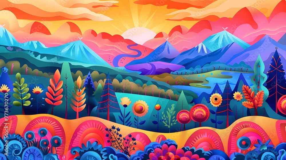 Vibrant Sunset Mountains with Colorful Flora Wallpaper Background