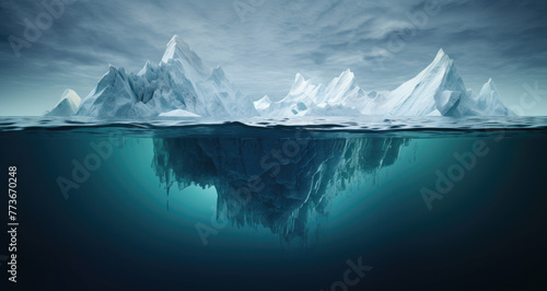 Big iceberg with its visible and underwater or submerged parts floating in the blue ocean. Hidden threat or danger  risk  appearance and global warming  christmas concept. AI