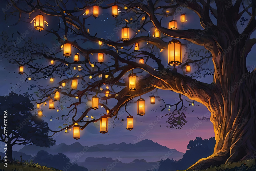 Step into a mesmerizing scene with a majestic twilight tree adorned by glowing lanterns, evoking a mystical ambiance.