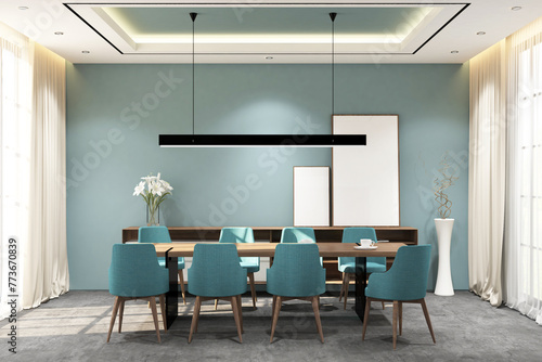 3d rendering interior of dining room with credenza and 2 frames mock up. Cement floor and blue wall background. Set 8