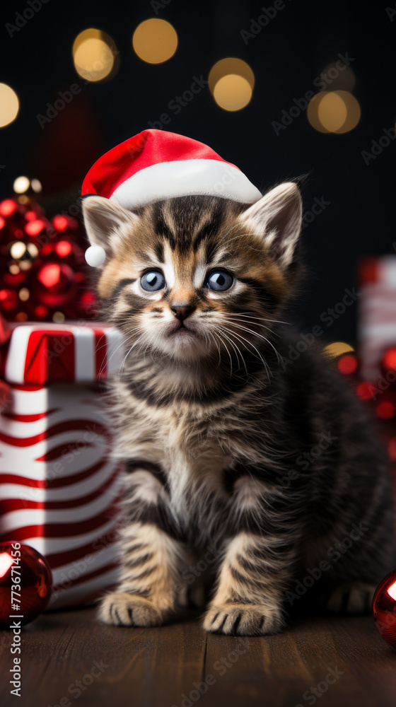 Kitten in Santa Hat with Christmas Gifts
Kitten in Santa Hat with Christmas Gifts