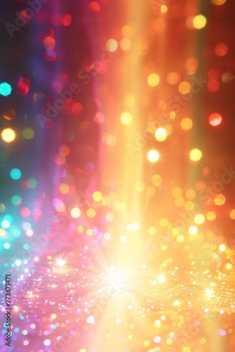 A colorful, blurry background with a bright yellow sun in the center