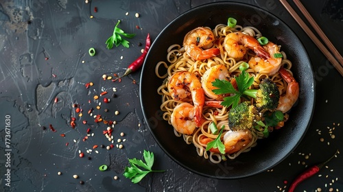 Stir fry noodles with vegetables and shrimps in black bowl. Slate background. Top view.