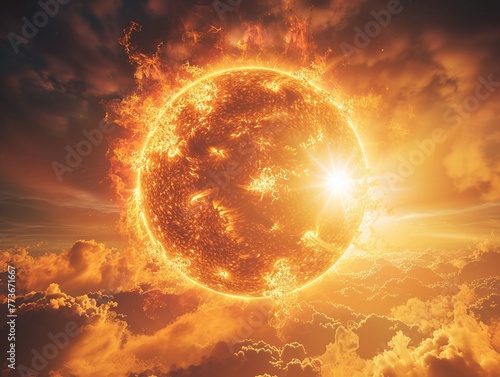 Heat wave intensity, sun encroaching on Earth, global warming theme, 6K, dramatic and vibrant