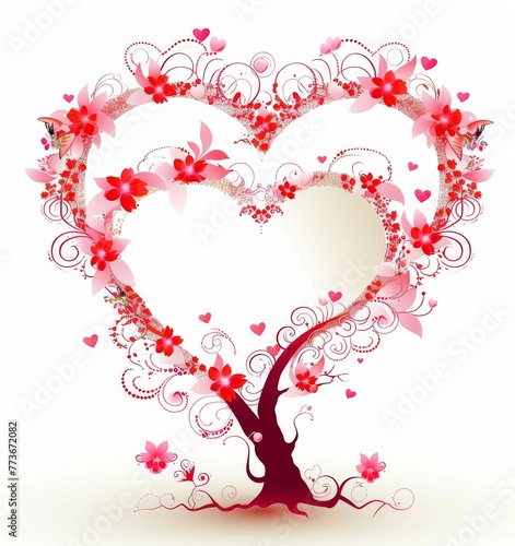 A heart made of flowers is surrounded by a tree