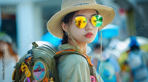 Young asian woman girl tourist holiday maker on the street exploring europian city wearing hat colorful sunglasses backpack with travel patches. Adventure travel tourism concept.