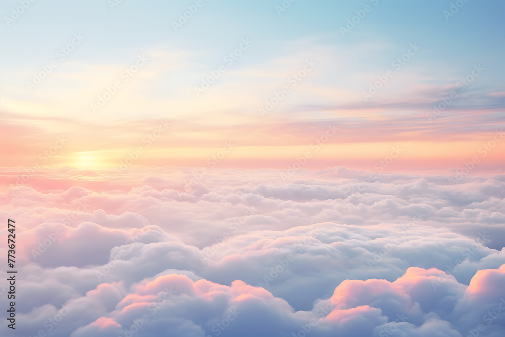 Tranquil sunrise above fluffy clouds, with warm pink and orange hues blending into a serene blue sky. Generative AI
