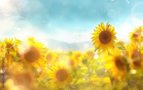 A field of sunflowers with a bright blue sky in the background