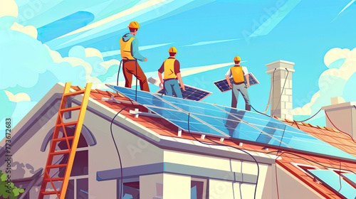 Builders installing solar panel system on roof of house. Men workers in helmets carrying photovoltaic solar module outdoors. photo
