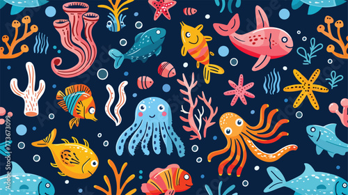 Fun seamless pattern of marine life illustration fl