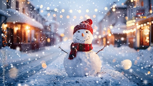 Cheerful snowman with red scarf and hat - A digitally painted snowman sporting a bright red hat and scarf amidst a flurry of snowflakes, creating a joyous and inviting winter landscape