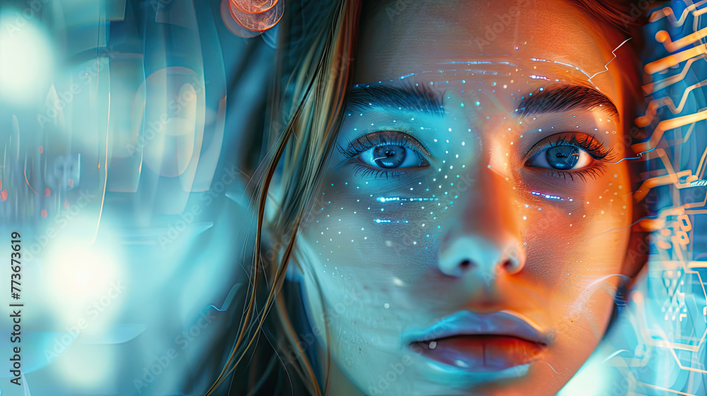 Portrait of a face. Head of a beautiful young woman with a futuristic background.