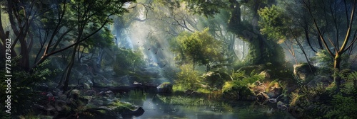 Enchanted forest scene with mystical light - A magical forest with sunbeams piercing through mist and dense foliage  creating a dreamlike appearance