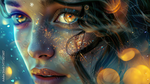 Portrait of a face. Head of a beautiful young woman with a futuristic background.