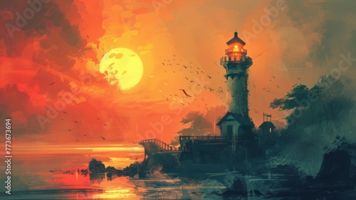 Mystical lighthouse in sunset digital art - A romantic and ethereal digital artwork depicting a lighthouse against a sunset backdrop, birds, and reflective waters