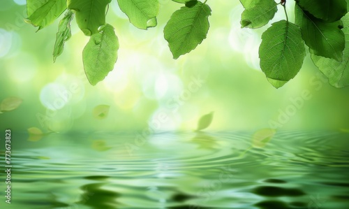 A leafy green pond with water ripples and leaves floating on the surface
