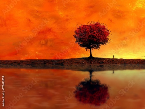 A man is standing in front of a tree on a lake