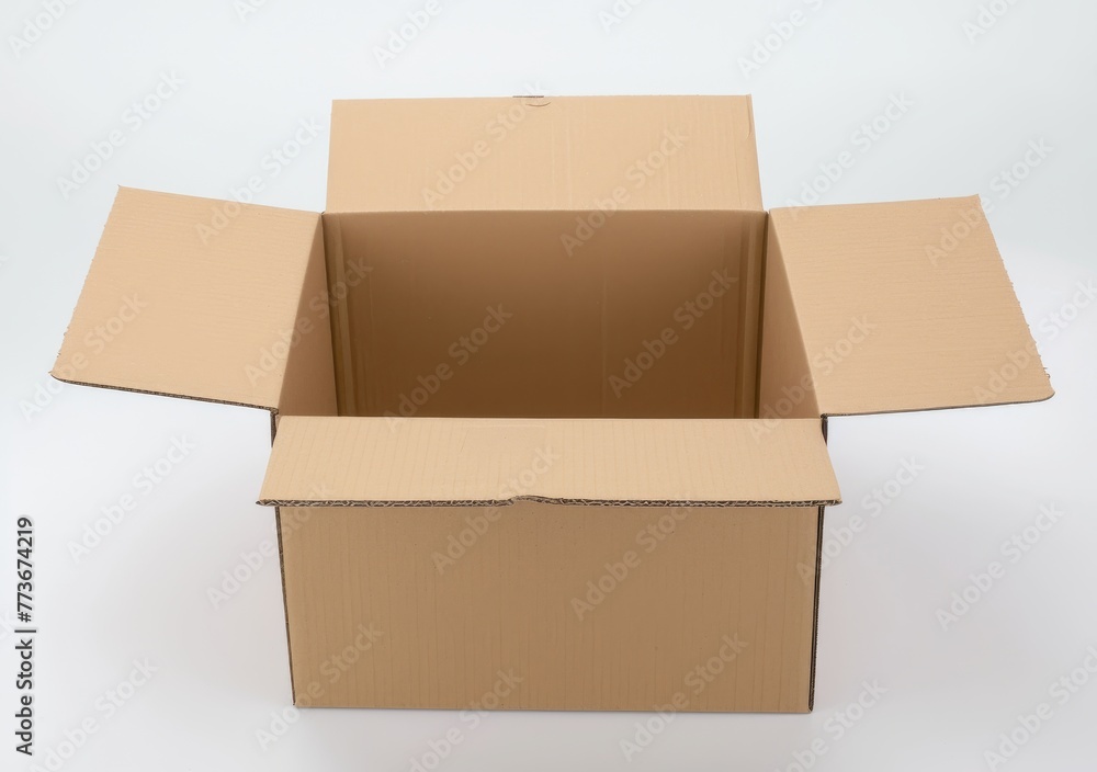 A cardboard box is open and empty A cardboard box is open and empty