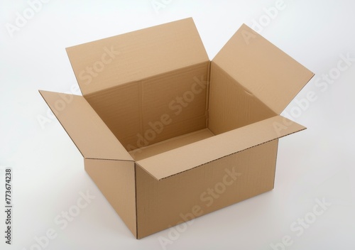 A cardboard box is open and empty