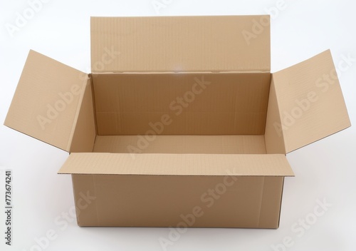 A cardboard box is open and empty