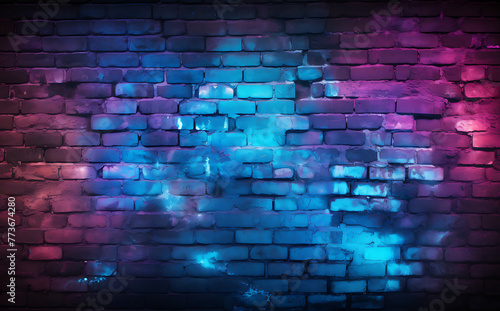Vibrant blue and pink neon lights reflecting off a textured brick wall  creating a moody and atmospheric urban background. Generative AI