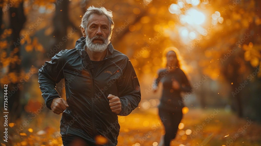 Cardio training. Close up of energetic fit sportsman spending morning in park and jogging together with wife. Active pensioners taking care of health and doing regular physical activities on nature Cardio training. Close up of energetic fit sportsman spending morning in park and jogging together with wife. Active pensioners taking care of health and doing regular physical activities on nature