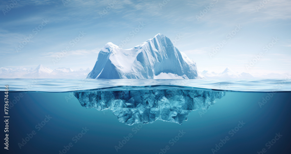 Big iceberg with its visible and underwater or submerged parts floating in the blue ocean. Hidden threat or danger, risk, appearance and global warming, christmas concept. AI Big iceberg with its visible and underwater or submerged parts floating in the blue ocean. Hidden threat or danger, risk, appearance and global warming, christmas concept. AI