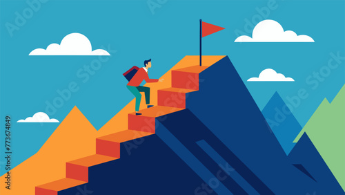 A person climbing a steep mountain with obstacles along the way representing the difficult climb and perseverance needed to overcome lifes