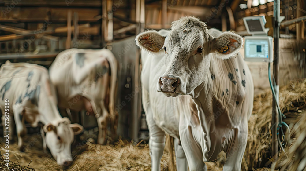 Veterinarian man with ultrasound device checking if cow is pregnant in cowshed on farm. Concept artificial insemination of cattle. Veterinarian man with ultrasound device checking if cow is pregnant in cowshed on farm. Concept artificial insemination of cattle.