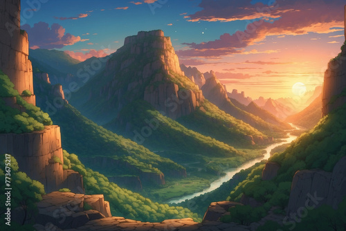 Green canyon in the twilight at sunset. In anime style photo