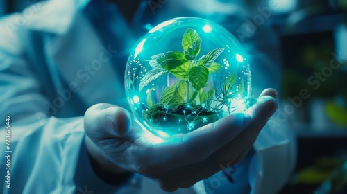 A scientist holding a glowing orb containing a miniature ecosystem, hinting at future bioengineering possibilities