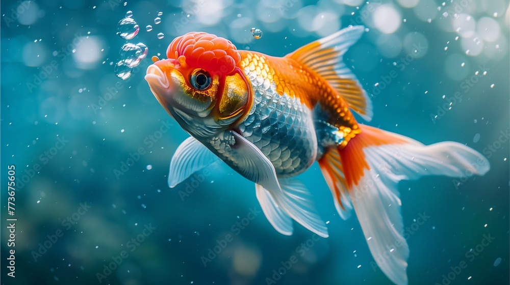 Photo of an orange-white fish with red hair. A goldfish swimming with air bubbles from its mouth in the water. In the blue water.
