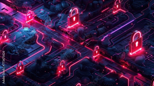 Cybersecurity Concept in Neon Circuit Board Landscape