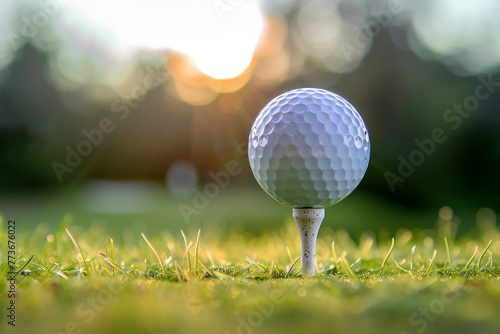 Golf ball on tee, soft green background, morning light, tranquil and ready