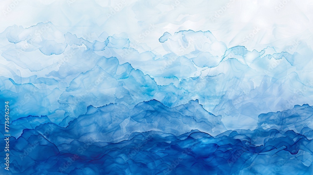 Abstract cool tones watercolor mimicking mountainous terrain - Layers of cool blues and whites merge in a watercolor, forming an abstract representation of mountains under a hazy sky