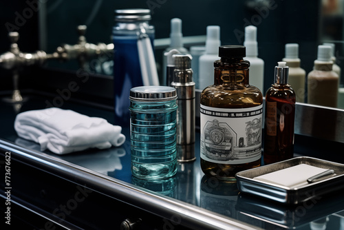 Barber Shop with fancy high end mens hair grooming products on the counter in the shop