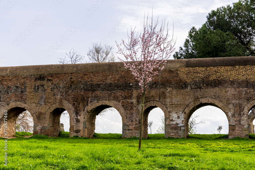 Park of the Aqueducts (Parco degli Acquedotti), an archeological public park in Rome, Italy, part of the Appian Way Regional Park, with monumental ruins of Roman aqueducts.