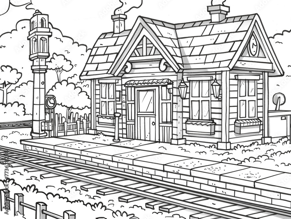 Fototapeta premium Old train station with a small building. Children's style coloring book. Black and white. 
