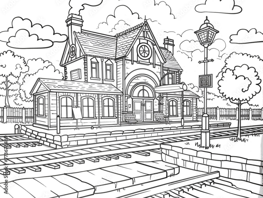 Old train station with a small building. Children's style coloring book. Black and white. Old train station with a small building. Children's style coloring book. Black and white.