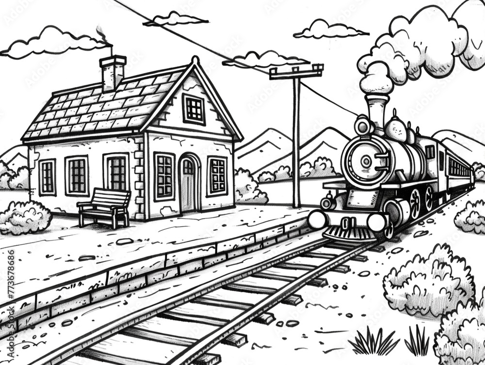 Old train station with a small building. Children's style coloring book. Black and white. 