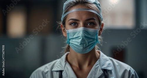 Close up portrait of doctor - nurse - every day hero - wearing full medical protection with mask and cap - generative ai - imaginary person photo