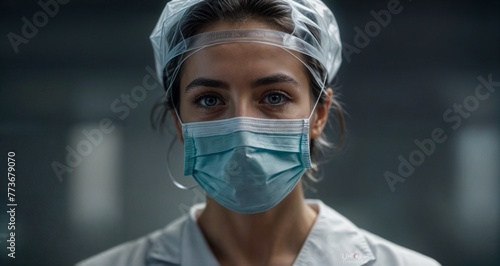 Close up portrait of doctor - nurse - every day hero - wearing full medical protection with mask and cap - generative ai - imaginary person