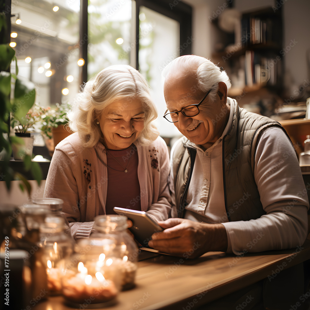 A retired senior couple enjoys video communication. A retired senior couple enjoys video communication.
