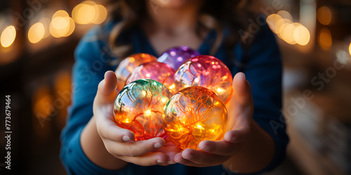 several hands holding coloured sphere glittery balls