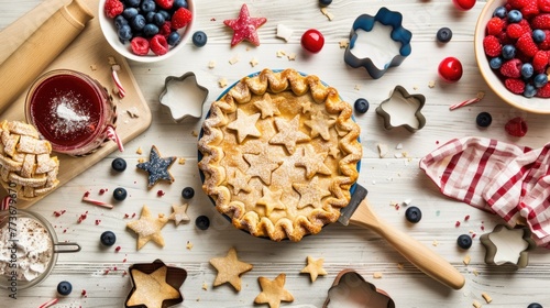 American flag-themed berry pie with star-shaped cutouts, surrounded by fresh berries and baking tools on a rustic table