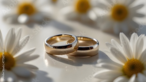 Two wedding rings rest upon a white surface, surrounded by a scattered arrangement of white daisies in a soft, sunlit setting. wedding rings and flowers © PixelArtBox