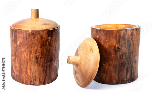 Two round wood box with closed and opened cover isolated on white background. Round timber or log box container with lid isolated