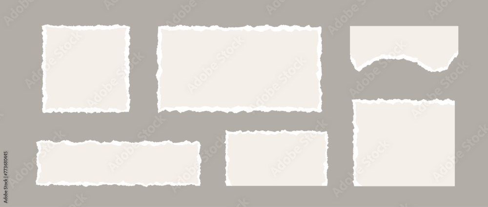 Torn paper pieces collection. Light beige shapes with jagged uneven edges. Ripped different paper fragments set. Textured grunge element bundle for collage, text box, banner, sticker, poster. Vector Torn paper pieces collection. Light beige shapes with jagged uneven edges. Ripped different paper fragments set. Textured grunge element bundle for collage, text box, banner, sticker, poster. Vector