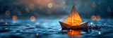 The Sailboat is Made of Origami Paper and Sails,
Candlelight Drift An Origami Boat on the Water 